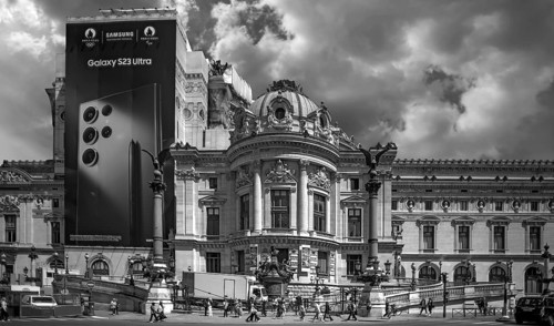 Large-scale advertisement at the Paris Opera during renovation work, black and white, Paris, France