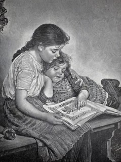 Two girls looking at a picture book, siblings, 1890, authentic, digitally restored reproduction