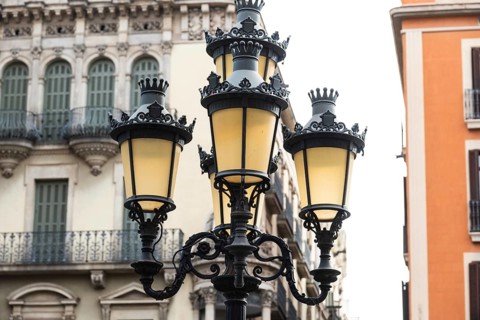 Historic street lamp on the Ramblas in Barcelona, Spain