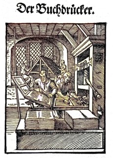 The title, Der Buchdrucker, the woodcut was created by Ammann, the verses are by Hans Sachs,