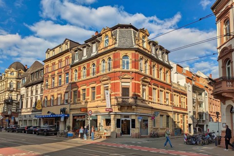 Heidelberg, Germany - 19 March 2026: Historic corner building at Brückenstraße 16 in Heidelberg
