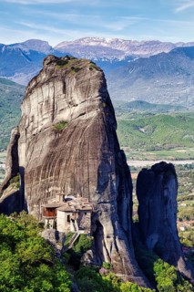 Hermitage, rock needle, sandstone formation, Meteora, blue sky, spring weather, Thessaly, Greece