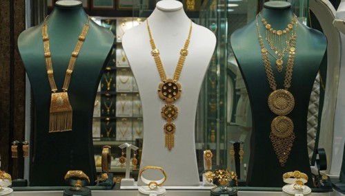Saudi Arabia, Jeddah, Gold jewellery in a display, Gold Souk, Middle East