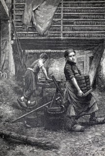 Preparation of press stone, child labor in the production of fuel briquettes, a girl in the