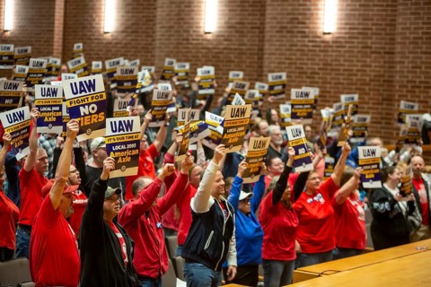 Three Rivers, Michigan USA - 29 March 2026 - Members of the United Auto Workers rally for better