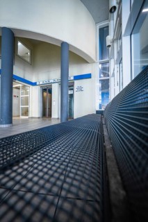 Interior with blue accent and modern architectural elements, car park ZOB of Stadtwerke Calw, Calw,