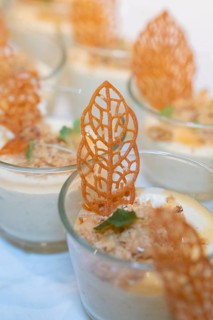 Dessert in a glass decorated with caramel lattice and mint, Europäischer Hof, Königsbach Stein,