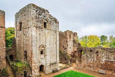 Autumn colors over Goodrich Castle, River Wye, Goodrich, Herefordshire, UK