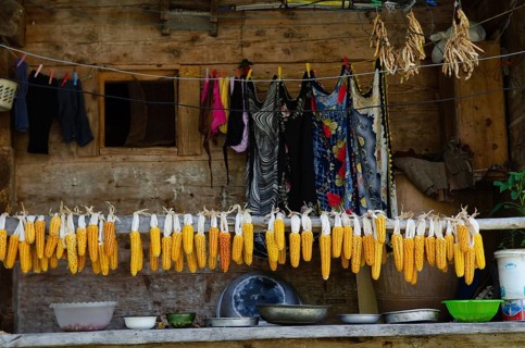 Trabzon, Turkey. 6th September 2014 Sweet corn hanging on the balcony of a traditional Black Sea