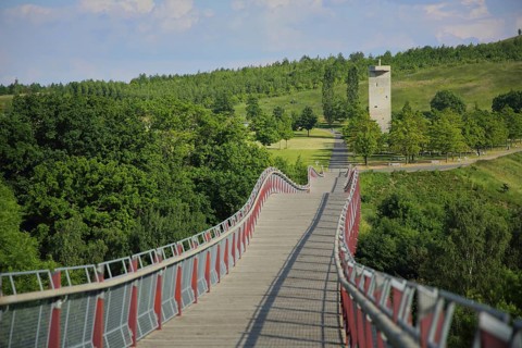 Drachenschwanzbrücke and view of observation tower, Neue Landschaft, Ronneburg, Vogtland,