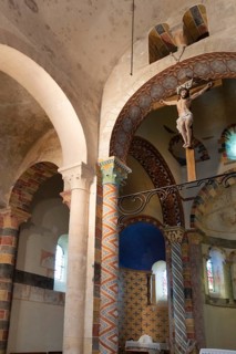 Biozat painted church. Painting columns. Allier department, Auvergne Rhone Alpes, France