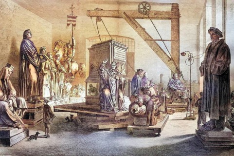 The Luther monument in the chasing room of the Kunstgiesserei Lauchhammer, Germany, coloured wood