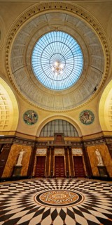 Foyer with glass dome in the spa hotel and Casino in the evening, Wiesbaden, Hesse, Germany