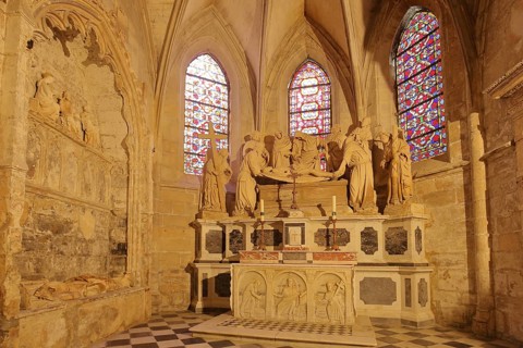 Altar with stone sculptures of a side chapel, interior view, handicrafts, stone carving, Romanesque