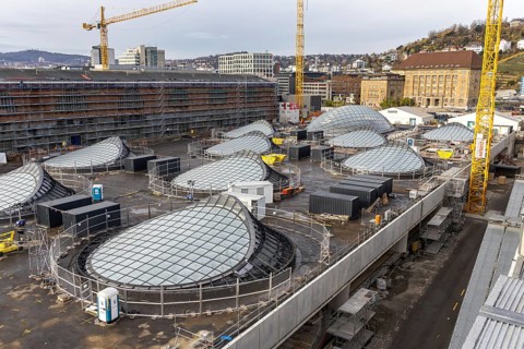 Stuttgart 21 construction site new main station with light eyes on the roof of the transit station
