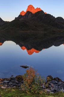 Mountains reflected in fjord, morning light, sunny, autumn, Annfjord, Vesteralen, Norway