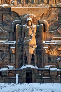 St Michael, Völkerschlachtdenkmal on a winter's day with snow, Leipzig, Saxony, Germany