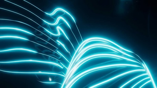 Vibrant neon lines create an abstract pattern against a deep, dark backdrop. The glowing curves and