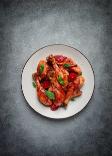 Fried chicken legs, in soy sauce, spices, herbs, top view, homemade