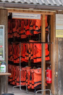 Life jacket hire at a kayak hire shop in Doos, Upper Franconia, Bavaria, Germany