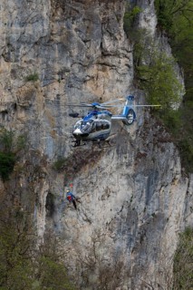 Police rescue operation. Helicopter in action at the slide rock near Bad Urach, Reutlingen