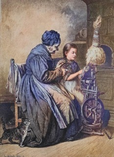Lessons in spinning, grandmother showing a girl how to operate the spinning wheel, at home, farm,
