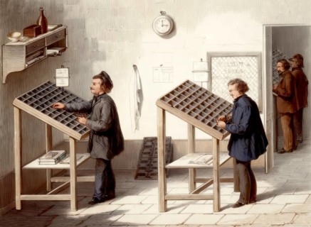 Manual typesetting letter-by-letter, 19th century