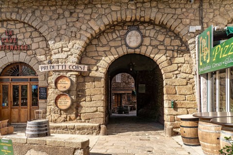 Shop and restaurant in the old town of Sartene, Corsica, France