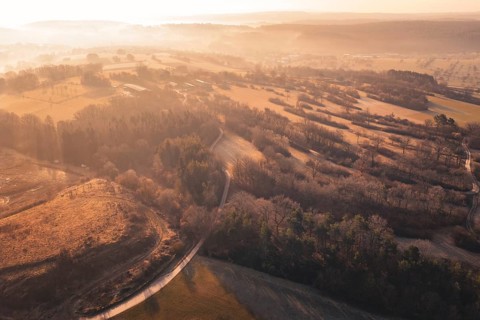 Hilly, wooded landscape in the morning sun with fields and fog, Gechingen, Calw district, Germany