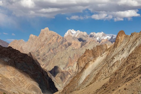 Sunlit peaks of the Zanskar Valley, Ladakh, India, display geological splendor with sharp, rugged