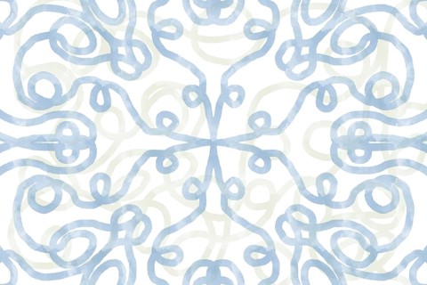 An abstract pattern featuring swirling blue and gray lines with a symmetrical design on a white