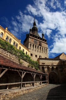 Romania, hour tower in the historic old town of Sighisoara, German Sighisoara, town in Mures