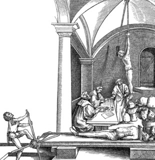 Court hearing and waterboarding torture, 16th century, Germany