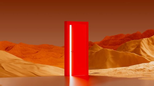 A bright, red door rests in the middle of a surreal desert landscape. A light glows from the door,