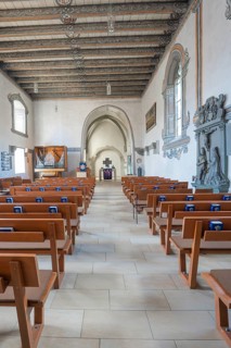Straight view through the nave with altar and benches, Deufringen, Aidlingen, Böblingen district,
