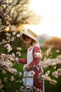 A young girl in a vintage dress and straw hat enjoys cherry blossoms in a serene spring meadow at