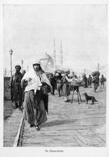 Galata Bridge over the Golden Horn, Constantinople, Istanbul, many people, maschee, seller, Turkey,