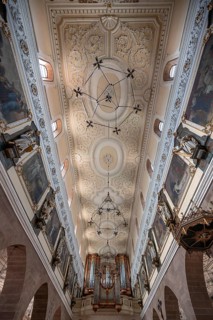 Vaulted ceiling with organ loft, Cathedral of Our Lady, Villingen-Schwenningen, Baden-Württemberg,