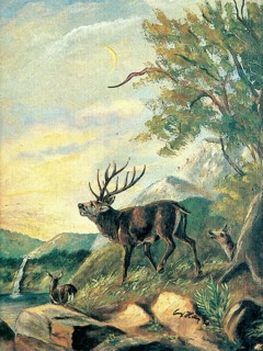 Evening in the Mountains with a Stag, Painting by Adolf Hitler (1889-1945), Historical, digitally