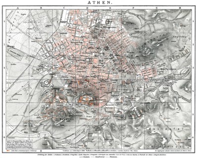 Historical map of Athens, 19th century, 1894, Greece, Europe, Historischer Stadtplan von Athen im