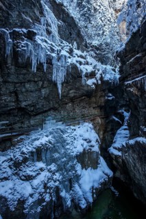 Winter, snowy landscape, icicles, river Breitach and hiking trail through the Breitachklamm gorge