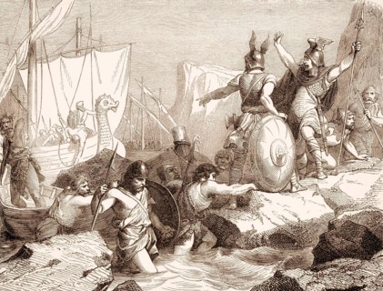 Landing vikings in France, 9th century, invasion with viking longships