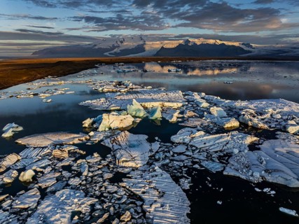 Ice floes, glacier, glacier tongue, fog, clouds, morning mood, mountains, reflection, aerial view,