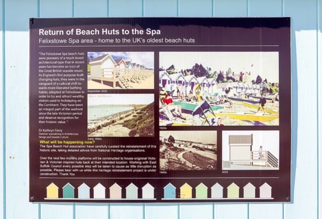 Information poster about Return of Beach Huts to the Spa, Felixstowe Spa area, Felixstowe, Suffolk,