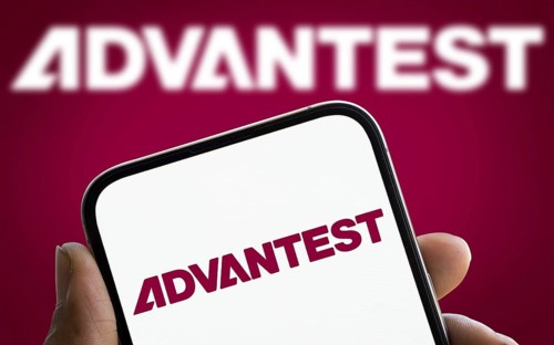 Advantest logo is displayed on smartphone. Advantest Corporation is a leading Japanese manufacturer