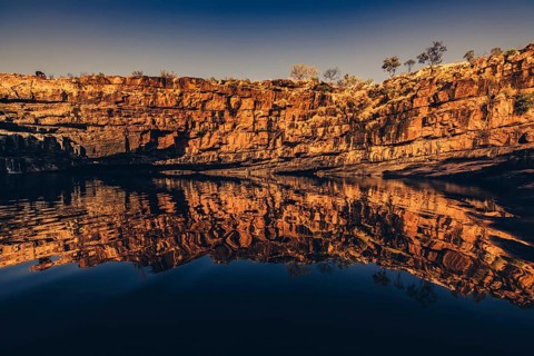 Bell Gorge waterfall, a body of water in north-west Australia in the Kimberley. Sunrise in the