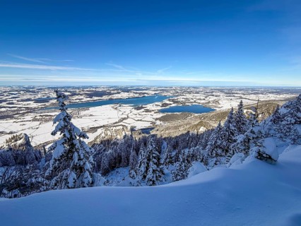 View of Forggensee and Bannwaldsee with snow in winter, ski tour on Tegelberg in winter, Schwangau,