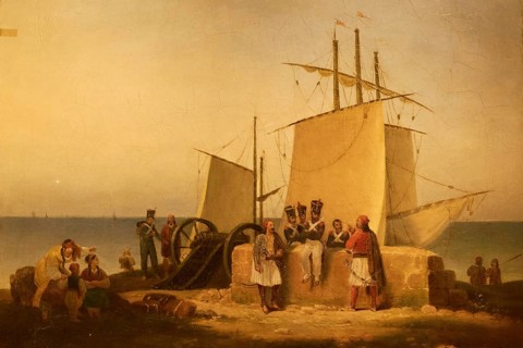 French soldiers, paintings of men on the beach next to ships in front of calm sea and sky,