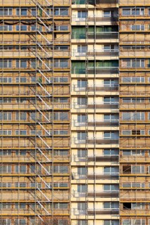 Scaffolded high-rise building from the 1970s, refurbishment in the Hochheide residential park,