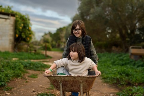 Two children have fun outdoors, one pushing a wheelbarrow while the other rides inside it,